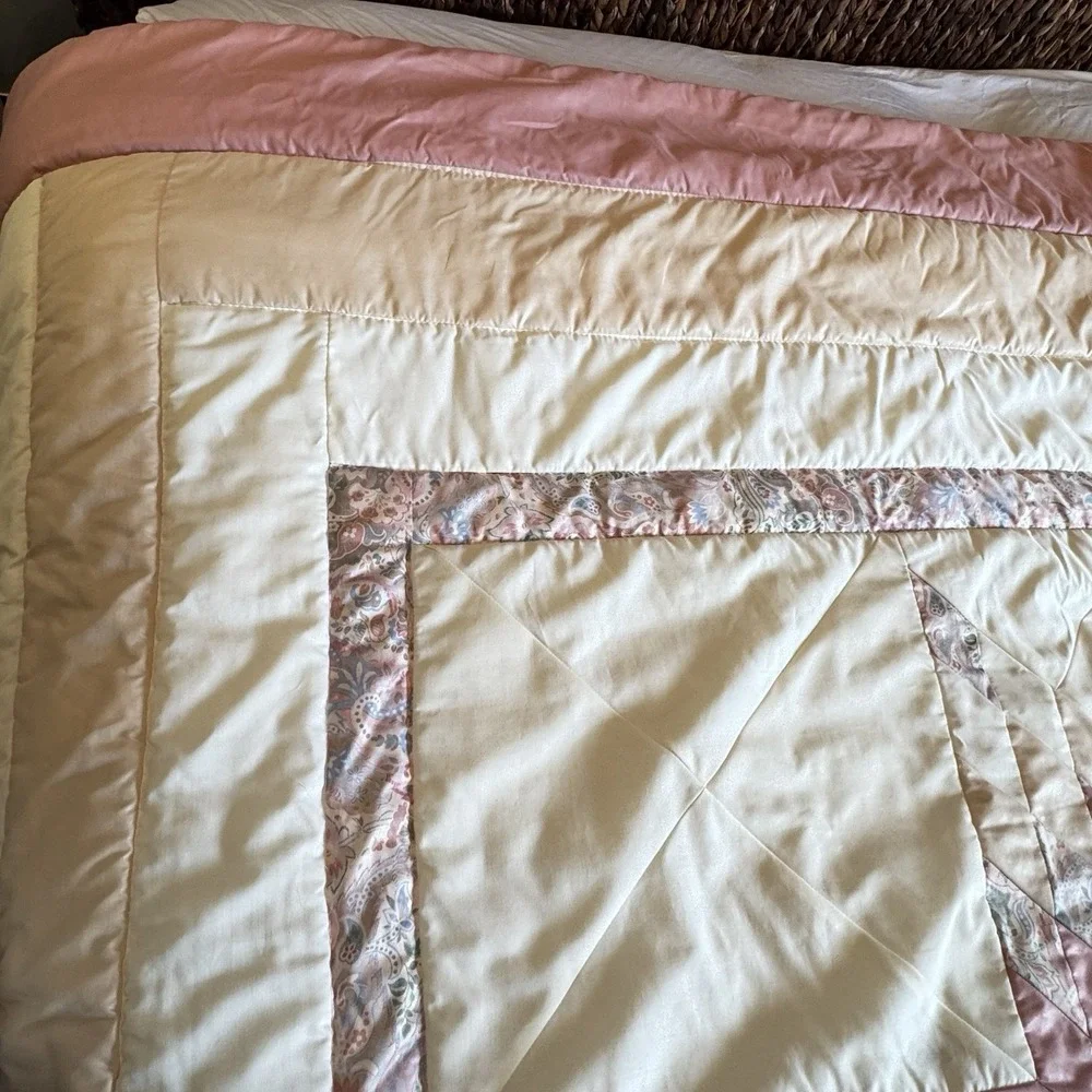 Handmade‎ Vintage Pink White Star Quilt Blanket Thick 110x96
